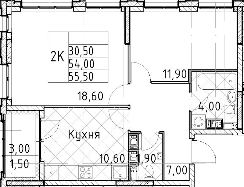 2-комнатная квартира 55.5 м², 5/13 эт., ЖК «Тайм Сквер»